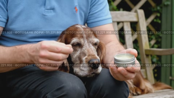 Compassionate older owner softly massaging healing balm onto weathered nose of aging irish setter, showing gentle canine care with deep affection. Стоковое AI-видео, аниматор Юрий Поздников / Фотобанк Лори
