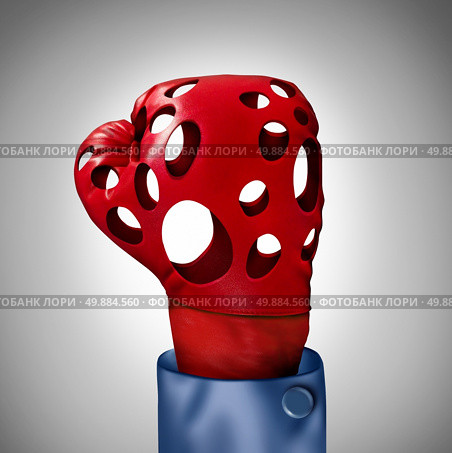 Competition problem and hollow promises business concept as a red boxing glove with empty holes as a failure metaphor for being not competitive and exhausted due to work office burnout or lack of financial funding and losing competitiveness. Стоковое фото, агентство Ingram Publishing / Фотобанк Лори