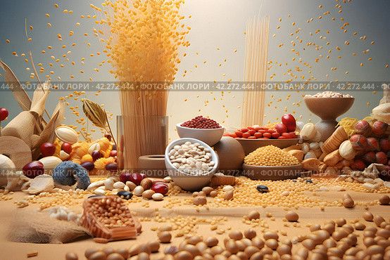 Composition of food: wheat and various cereals on the table,  generated by AI. 3D illustration. Стоковое AI-изображение, AI-художник Виталий Сова / Фотобанк Лори
