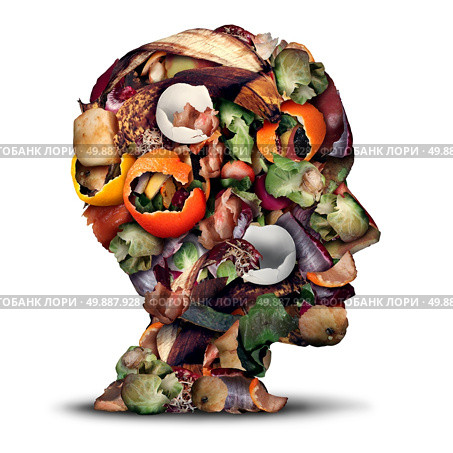 Compost thinking and composting concept as a pile of rotting kitchen fruits egg shells and vegetable food scraps shaped as a human head as organic waste for recycling as an environmentally responsible icon. Стоковое фото, агентство Ingram Publishing / Фотобанк Лори