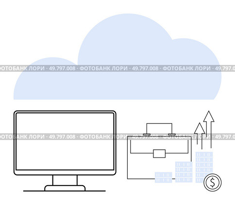 Computer monitor and business briefcase with financial growth arrows and money stacks under a blue cloud. Ideal for finance, business growth, investment, cloud services, data storage, financial. Cloud Computing Concept with Computer Monitor, Financial Growth Arrows, Briefcase, and Money Stacks. Стоковая иллюстрация, агентство Ingram Publishing / Фотобанк Лори