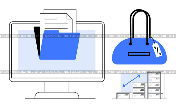 Computer monitor with folder and documents, handbag with price tag, and chart with boxes. Ideal for business, shopping, technology, organization, retail data management e-commerce. Line metaphor. Organizing digital files, price tagging handbag, and analyzing data storage solutions. Стоковая иллюстрация, агентство Ingram Publishing / Фотобанк Лори