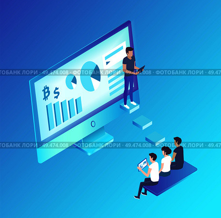 Computer monitor with information vector isolated isometric icon 3d. Presenter with diagrams charts explaining details to listeners workers on bench. Computer Monitor with Info Vector Illustration. Стоковая иллюстрация, агентство Ingram Publishing / Фотобанк Лори