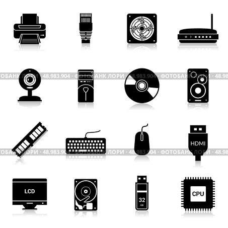 Computer parts icons black set with monitor modem keyboard isolated vector illustration. Computer Parts Icons Black. Стоковая иллюстрация, агентство Ingram Publishing / Фотобанк Лори