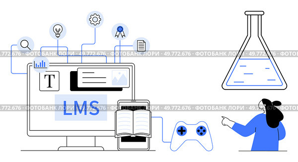 Computer screen showing LMS interface with icons for text editing, research, and certification. Nearby, a tablet, book, game controller and lab flask. Ideal for education technology, online learning. Elements of Learning Management System in E-Learning Concept. Стоковая иллюстрация, агентство Ingram Publishing / Фотобанк Лори