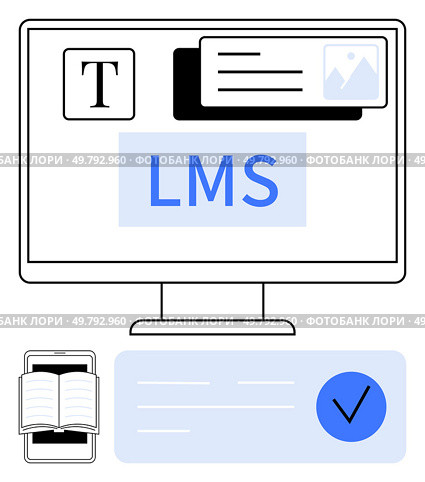 Computer screen shows LMS interface with text icon, multimedia, and notification widgets. Smartphone features open book app. Ideal for e-learning, education, online courses, virtual classrooms. E-learning platform on diverse devices displaying LMS, text editing, and multimedia tools. Стоковая иллюстрация, агентство Ingram Publishing / Фотобанк Лори