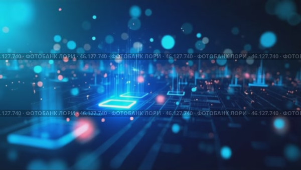 Computer screen with a blue background and red and blue squares. Стоковое AI-видео, аниматор Sergey Grishin / Фотобанк Лори