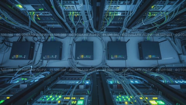 Computer server rack with connected cables in data center. Стоковое AI-видео, аниматор KATERINA AI / Фотобанк Лори