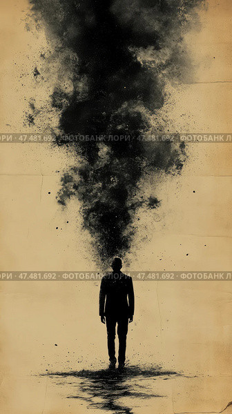 Concept: Existential Crisis, Man Dissolving into Darkness. Стоковое AI-изображение, AI-художник Данила Большаков / Фотобанк Лори
