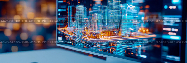 Concept: Futuristic cityscape on screen for data analysis and ai applications. Стоковое AI-изображение, AI-художник Данила Большаков / Фотобанк Лори