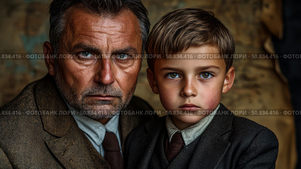 Concept: Generational Legacy - A poignant studio portrait of a man and a boy standing shoulder to shoulder, revealing the passing of time. Стоковое AI-изображение, AI-художник Данила Большаков / Фотобанк Лори
