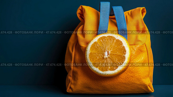 Concept: Healthy lifestyle and mindful eating, Orange on sustainable bag. Стоковое AI-изображение, AI-художник Данила Большаков / Фотобанк Лори