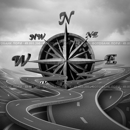 Concept of navigation as a business compass symbol or moral compass icon in a group of roads and pathway routes as a journey metaphor for destination vision as a 3D illustration. Стоковое фото, агентство Ingram Publishing / Фотобанк Лори