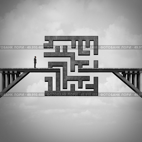 Concept of path challenge as a businessman on a bridge with a maze blocking the passage to the other side as a metaphor for solving adversity with 3D illustration elements. Стоковое фото, агентство Ingram Publishing / Фотобанк Лори