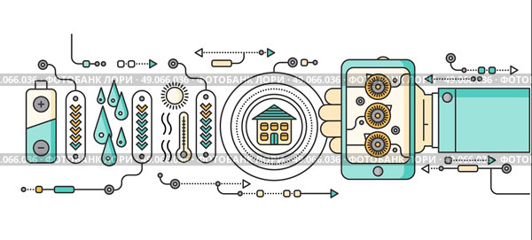 Concept of smart home and control device. Technology device, system mobile automation monitoring energy power electricity efficiency, equipment temperature, remote thermostat. Smart house illustration. Стоковая иллюстрация, агентство Ingram Publishing / Фотобанк Лори