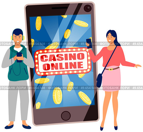 Concept of using Internet, online games and modern gadgets. Guy uses phone and headphones and listens to music. Big phone with casino online on screen. Girl surfing internet and communicating by phone. Concept of using Internet, online games and modern gadgets. Big phone with casino online application. Стоковая иллюстрация, агентство Ingram Publishing / Фотобанк Лори