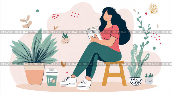 Concept: Reading, Holiday: N/A, Purpose: Illustration for blog, A woman reading a book while sitting on a stool surrounded by plants and a cup of coffee. Стоковое AI-изображение, AI-художник Данила Большаков / Фотобанк Лори