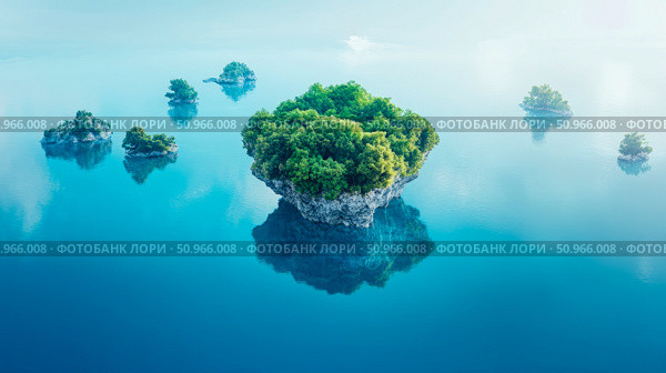 Concept: Tranquil floating island scenery; Design for relaxing desktop , card, and backgrounds featuring pristine turquoise water and lush green vegetation. Стоковое AI-изображение, AI-художник Данила Большаков / Фотобанк Лори