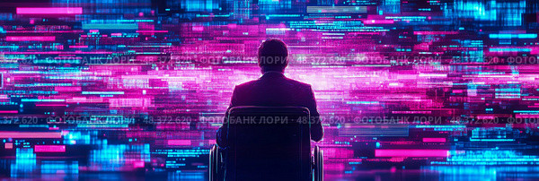 Concept: Virtual Reality; A disabled person is immersed in a world of digital matrix data flow; Design for banner, technology blog, futurist poster. Стоковое AI-изображение, AI-художник Данила Большаков / Фотобанк Лори