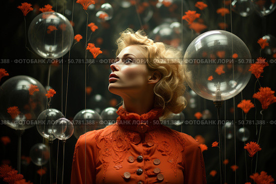 Conceptual art portrait of a woman in a vintage orange dress with a high neck and decorative buttons. She stands surrounded by glass spheres and airy red flowers, creating an atmosphere of surrealism and dream. The heroine's upward gaze conveys a sense of admiration, expectation or search. The image is made in an artistic style with cinematic light and contrast, emphasizing the emotional expressiveness of the scene. Стоковое AI-изображение, AI-художник Анна Кривицкая / Фотобанк Лори