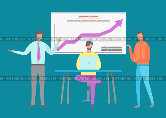 Conference of employees vector, infochart with visualized information. Man boss explaining info to workers, male on computer typing on laptop flat style. People Gathered on Conference Whiteboard with Data. Стоковая иллюстрация, агентство Ingram Publishing / Фотобанк Лори