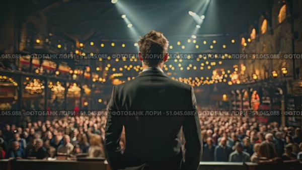 Confident man stands in front of a large crowd, delivering a speech or presentation while the audience listens attentively. Стоковое AI-видео, аниматор Данила Большаков / Фотобанк Лори
