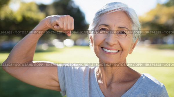 Confident senior woman smiling and flexing arm outdoors, symbolizing strength, vitality, healthy aging, and empowerment in a sunny park setting. Стоковое AI-изображение, AI-художник Катерина Бондарец / Фотобанк Лори