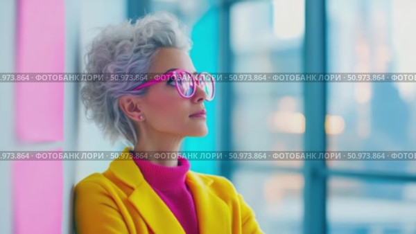 Confident woman with vibrant pink glasses and curly grey hair, dressed in bright yellow and fuchsia, looks contemplatively upwards in a bright, modern interior. Стоковое AI-видео, аниматор Данила Большаков / Фотобанк Лори
