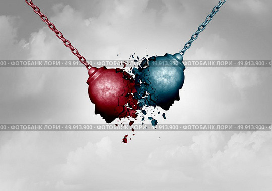Conflict concept and clash of opponents symbol as two wrecking ball symbols shaped as a human head clashing together causing a destructive impact as a confrontation metaphor as a 3D illustration. Стоковое фото, агентство Ingram Publishing / Фотобанк Лори