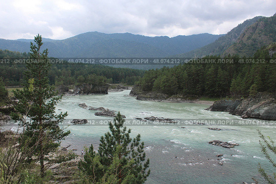 Confluence two rivers, turquoise and blue color into one river Katun. Стоковое фото, фотограф Екатерина Якименко / Фотобанк Лори