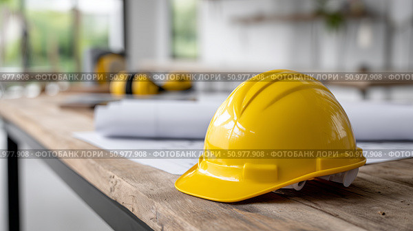 Construction helmet placed on a wooden table with blueprints in a modern office. Стоковое AI-изображение, AI-художник Katsiaryna Repich / Фотобанк Лори