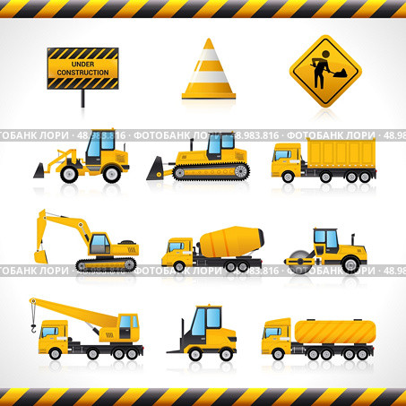 Construction machines decorative icons set with bulldozer excavator loader isolated vector illustration. Construction Machines Set. Стоковая иллюстрация, агентство Ingram Publishing / Фотобанк Лори