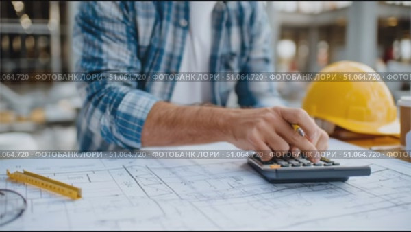 Construction worker drafts building plans while calculating project costs at job site in daylight. Стоковое AI-видео, аниматор Сергей Толмачёв / Фотобанк Лори
