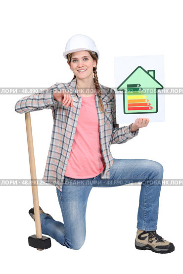 Construction worker promoting energy savings. Стоковое фото, агентство Ingram Publishing / Фотобанк Лори