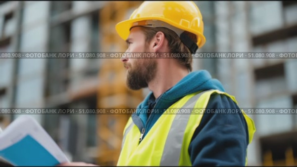 Construction worker reviews plans at building site during sunny day while wearing safety gear. Стоковое AI-видео, аниматор Сергей Толмачёв / Фотобанк Лори