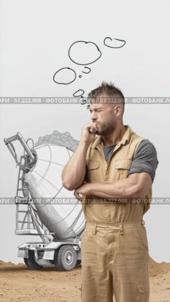 Construction worker wearing hardhat, deep in thought near concrete mixer truck, thought bubbles floating against clean white background. Стоковое AI-видео, аниматор Юрий Поздников / Фотобанк Лори