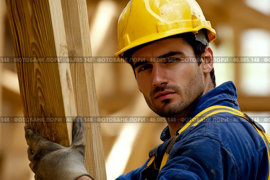 Construction Worker Young Man Carrying Wood Beam. Builder Working On Wooden House Frame. Wood built. Builder constructing roof structure. Carpenter building house construction. Heavy Labor. Industrial. Стоковое AI-изображение, AI-художник Марина Демидюк / Фотобанк Лори