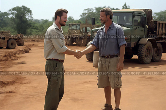 Constructive partnership. two workers shake hands in agreement and cooperation at construction site. Стоковое AI-изображение, AI-художник Светлана Акифьева / Фотобанк Лори