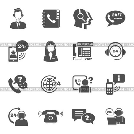 Contact us 24h support global worldwide information service black  icons set with  helpdesk operator vector isolated illustration. Стоковая иллюстрация, агентство Ingram Publishing / Фотобанк Лори