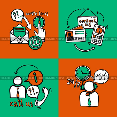 Contact us design concept set with helpdesk sketch icons isolated vector illustration. Стоковая иллюстрация, агентство Ingram Publishing / Фотобанк Лори