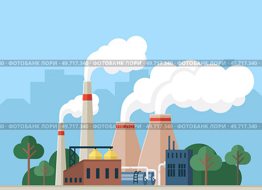 Contamination of air with smoke by factory, plants and industries. Pipes making smog, environmental pollution and harm for nature. Atmosphere gas emissions, chemical substances, damage to environment. Contamination of air with smoke by factory plants and industries. Pipes making smog harm for nature. Стоковая иллюстрация, агентство Ingram Publishing / Фотобанк Лори