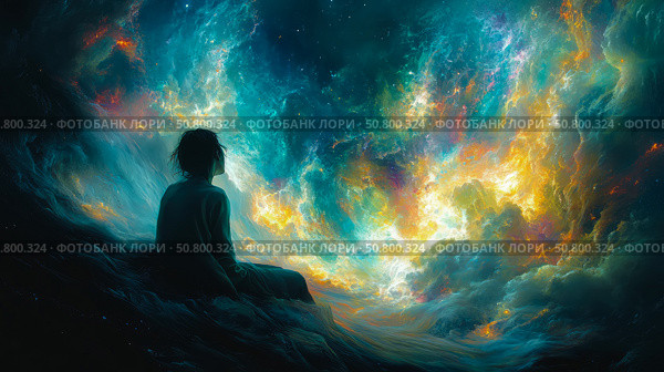 Contemplation: Woman gazing into the vast expanse of space, surrounded by cosmic swirls and nebulous light. Стоковое AI-изображение, AI-художник Данила Большаков / Фотобанк Лори