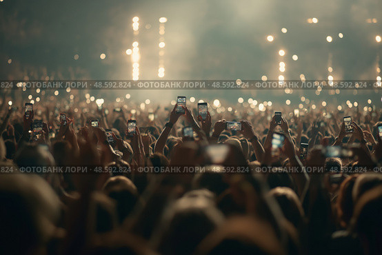Contemporary Concert Crowd Holding Up Smartphones to Record, Raised Arms Filming. Современная толпа на концерте держит смартфоны для записи, поднимают руки для съемок. Стоковое AI-изображение, AI-художник Katsiaryna Repich / Фотобанк Лори