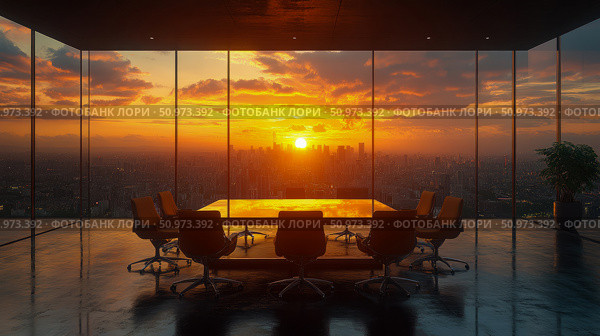 Contemporary High-Rise Boardroom with Floor-to-Ceiling Windows Offering a Stunning Panoramic View of a Golden Sunset Over a Bustling City Skyline. Стоковое AI-изображение, AI-художник Данила Большаков / Фотобанк Лори