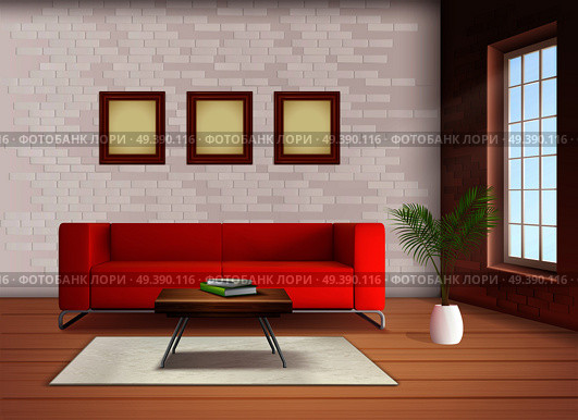 Contemporary home interior design element with red sofa accent in neutral colored living room realistic vector illustration . Interior Realistic Image . Стоковая иллюстрация, агентство Ingram Publishing / Фотобанк Лори