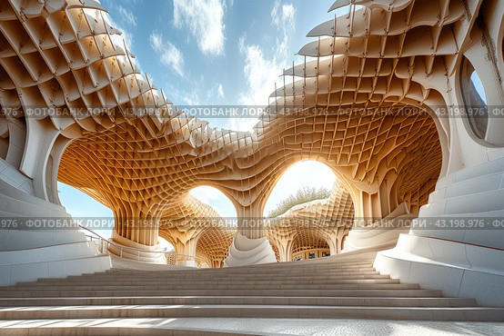 Contemporary modern symmetrical structure of metropole parasol roof in square with historical buildings under sunny sky on summer day. Стоковое AI-изображение, AI-художник Ирина Михайличенко / Фотобанк Лори