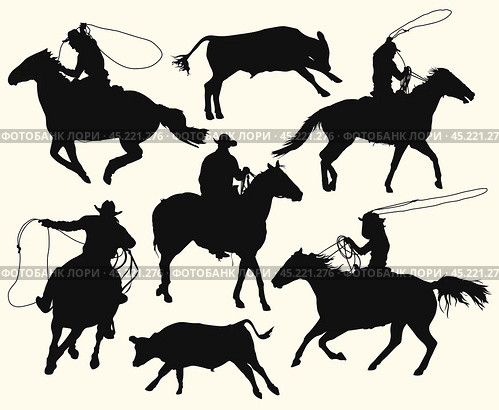 Contours of a cowboys at the rodeo with a bull. Men with lasso riding a horse, isolated vector silhouettes set. Стоковая иллюстрация, иллюстратор Долотова Елена Викторовна / Фотобанк Лори
