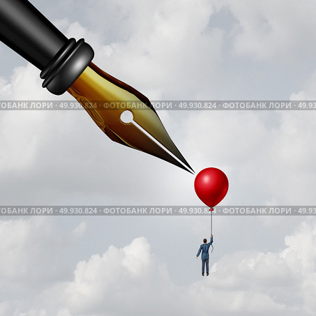 Contract danger and unfair terms and conditions or anonymous source reporting as a businessman holding a balloon with a sharp pen nib piercing the object with 3D illustration elements. Стоковое фото, агентство Ingram Publishing / Фотобанк Лори