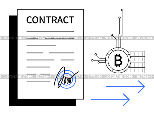 Contract with signature on left and Bitcoin symbol with circuit lines on right, indicating blockchain connection and digital transaction. Ideal for business, cryptocurrency, finance, blockchain. Digital Contract with Cryptocurrency Transaction and Blockchain Technology. Стоковая иллюстрация, агентство Ingram Publishing / Фотобанк Лори