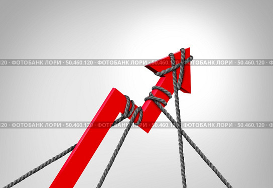 Controlling Inflation and price controls and reining in rising prices by tightening monetary policy or raising intersest rates and increasing taxes or regulating credit as a red arrow being slowed or held back by ropes with 3D elements. Стоковое фото, агентство Ingram Publishing / Фотобанк Лори